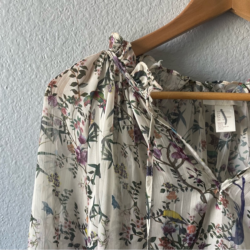 H&M Cream Bird and Floral Print Boho Sheer Blouse Size Large